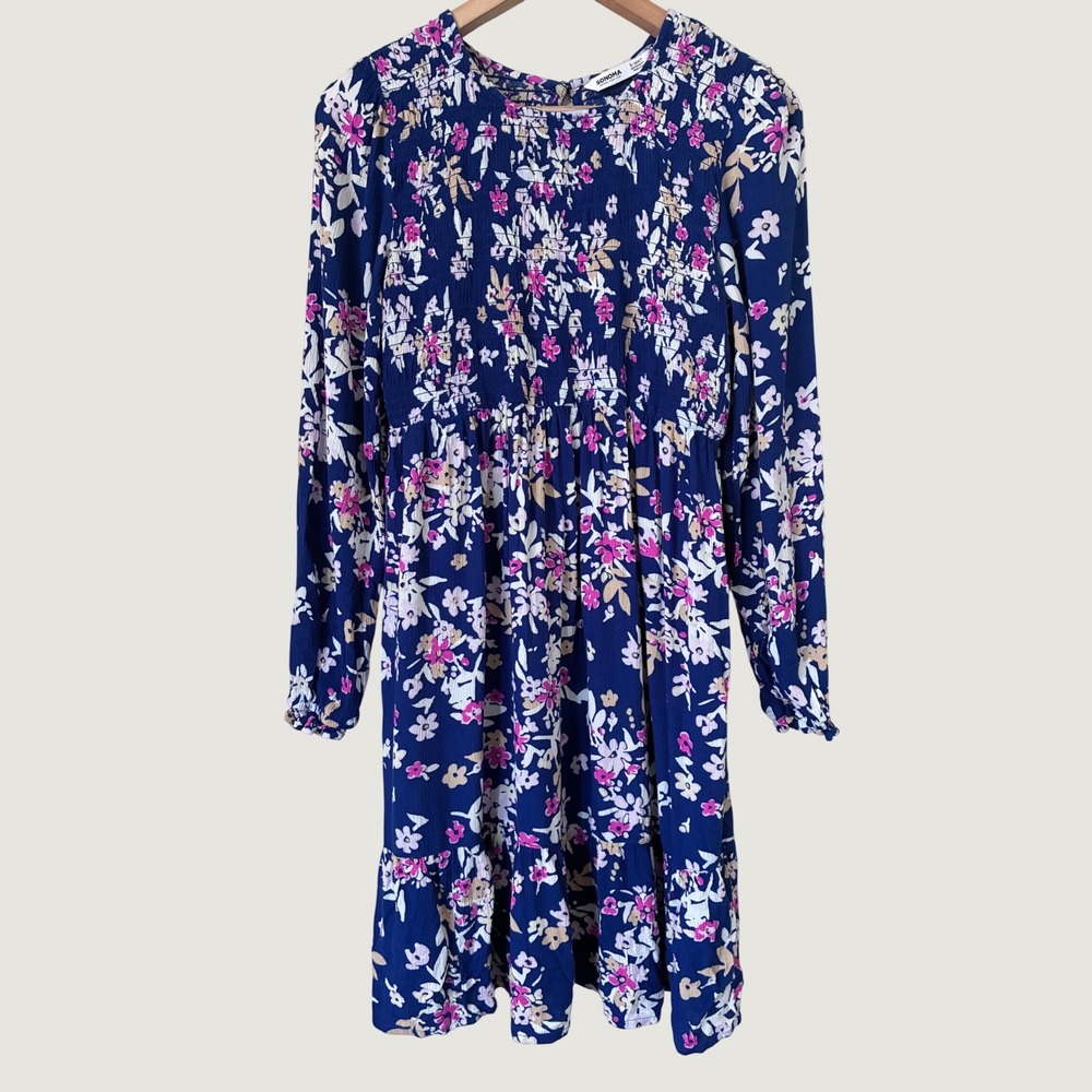 Sonoma Maternity Floral Smocked Boho Long Sleeve Dress Navy Blue Small